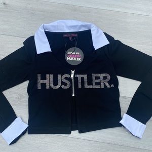 Dolls Kill Black 'Hustler' Rhinestone Zip Crop Top
